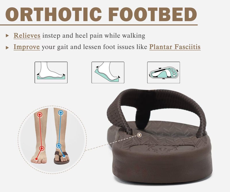 KuaiLu Mens Flip Flops Arch Support Comfortable Cushion Memory Foam Recovery Walking Waterproof Leather Thong Sandals Orthotic Plantar Fasciitis Summer Casual Beach Pool Slip on Slippers Brown Size 12 - Image 5